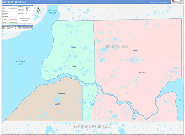 Bristol Bay County Wall Map Color Cast Style